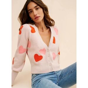 Maeve x Anthropologie Lily Hearts Cardigan Sweater Puff Sleeve Size Medium